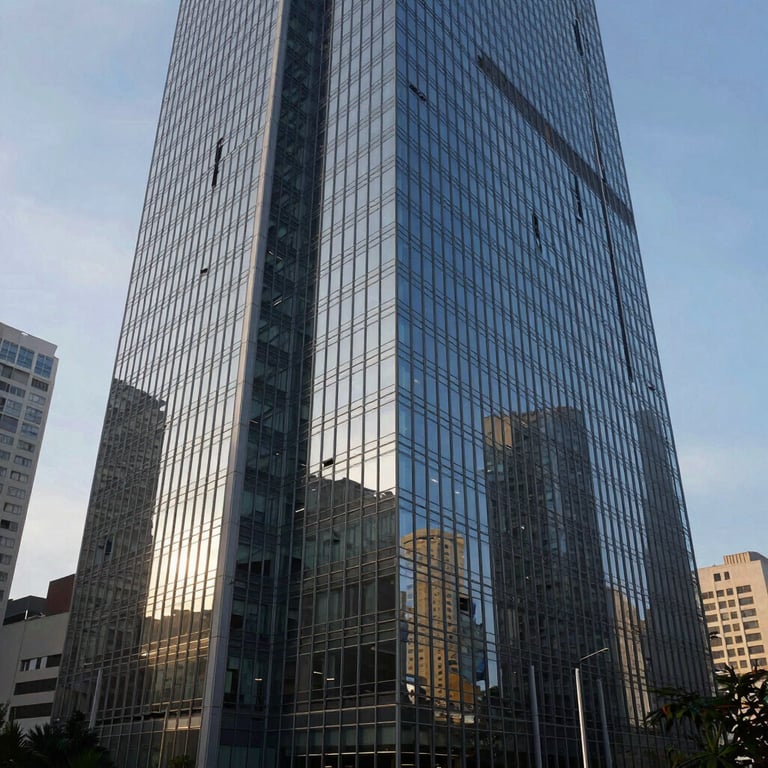Exterior of a modern, sleek corporate skyscraper in a major South American city, morning light reflecting off the glass panels.