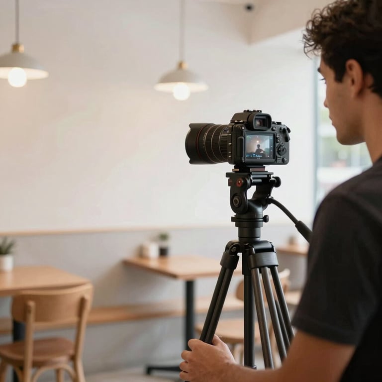 A bright, minimalist coffee shop in São Paulo where a creator is filming content with a tripod, focused and professional.