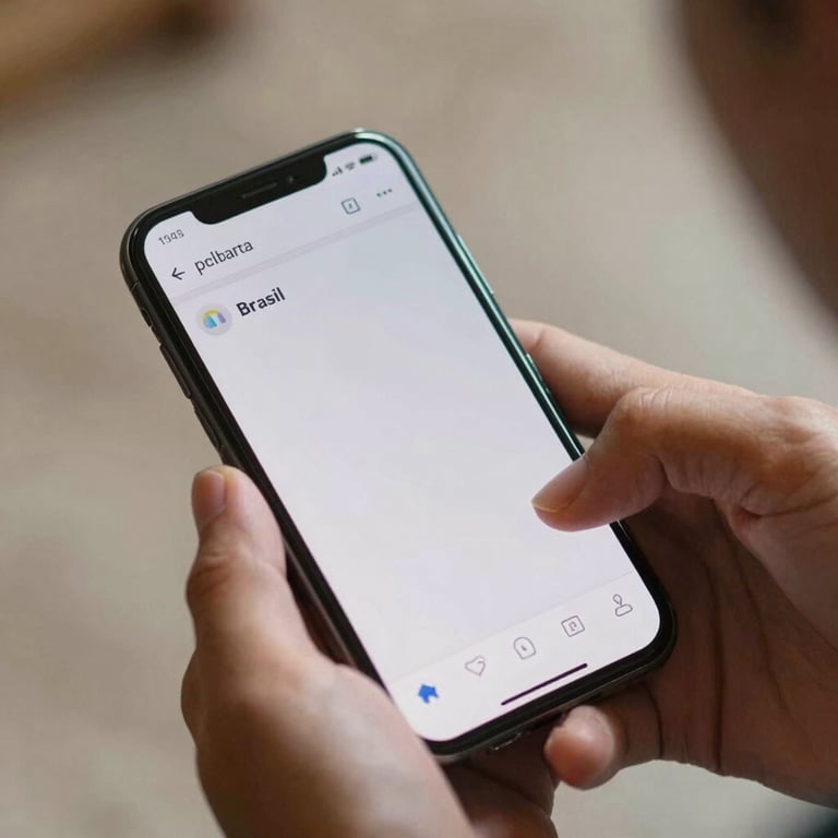 A close-up of a person in Brazil using a smartphone to make a purchase, showing a seamless digital experience, natural lighting.