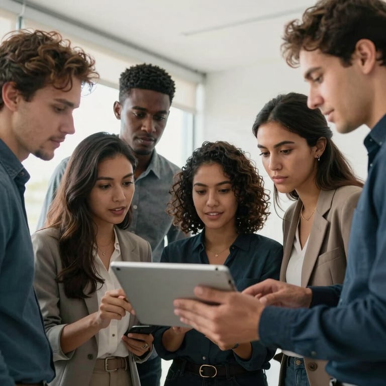 A group of diverse Brazilian professionals collaborating around a tablet, showing teamwork and strategy in a bright room.