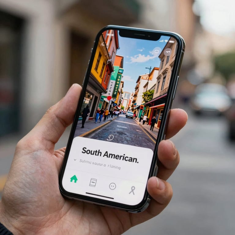 Close-up of a hand holding a high-end smartphone with a shopping app open, reflecting a vibrant urban South American setting.