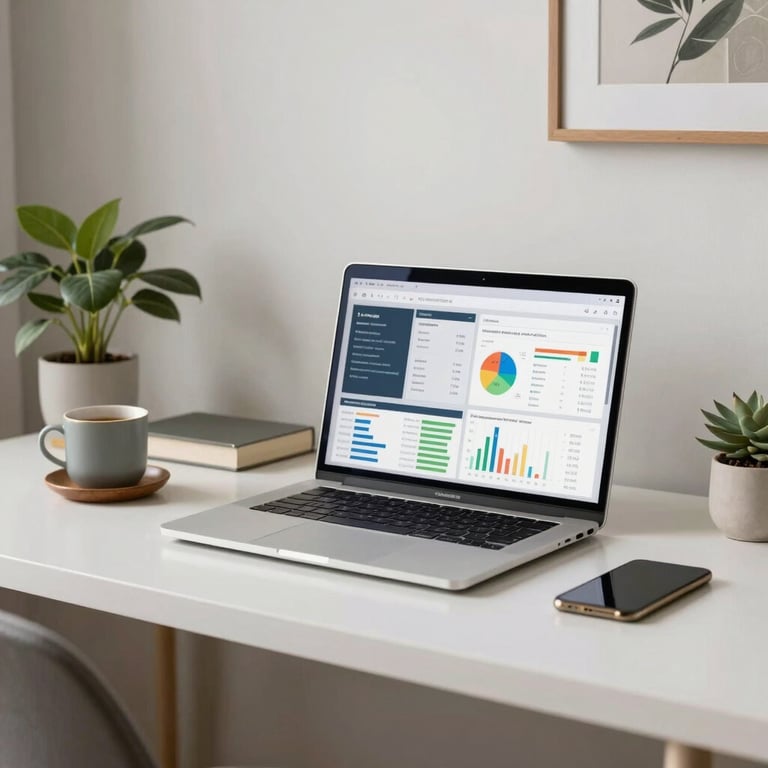 A stylish South American / Brazilian home office with modern decor and a laptop showing marketing analytics, clean and bright.