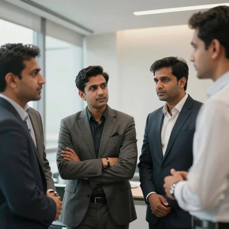 A group of professionals in a modern South Asian / Pakistani business environment, engaged in serious yet friendly discussion.