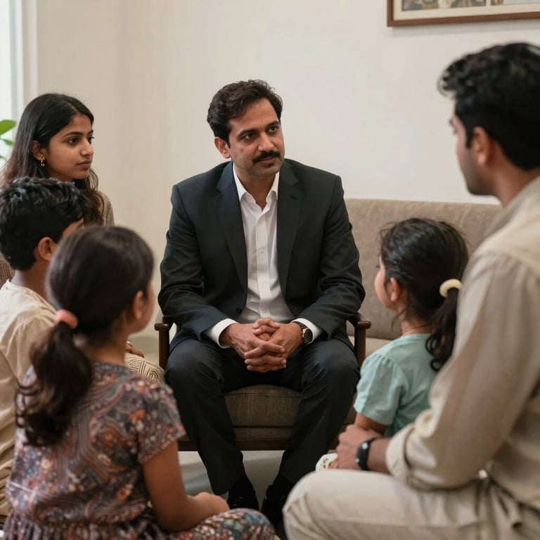 A respectful meeting between a lawyer and a family in a South Asian / Pakistani setting, showing trust and empathy.