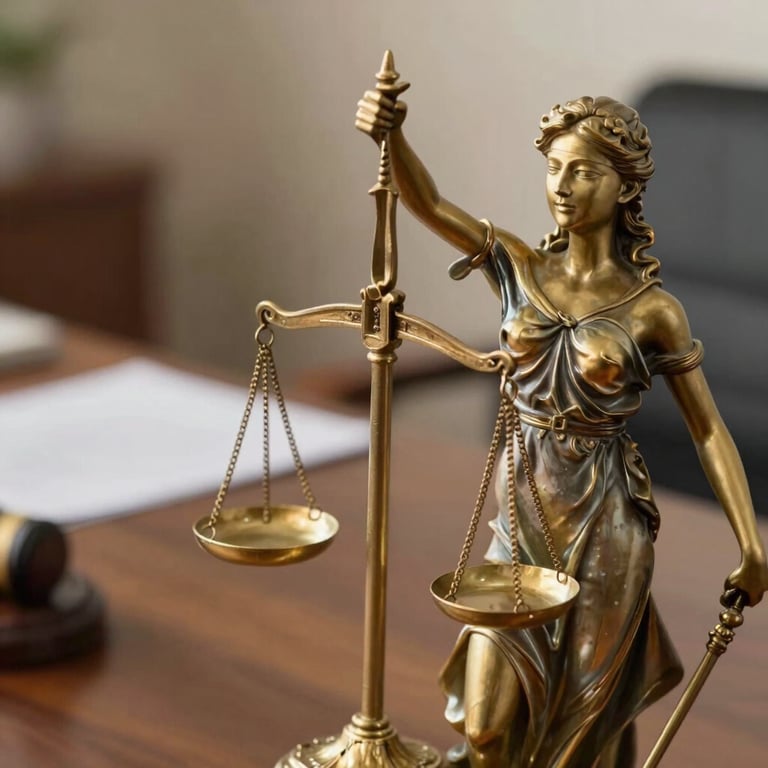 A close-up of a golden 'Scales of Justice' statue reflecting soft warm light on a professional desk.