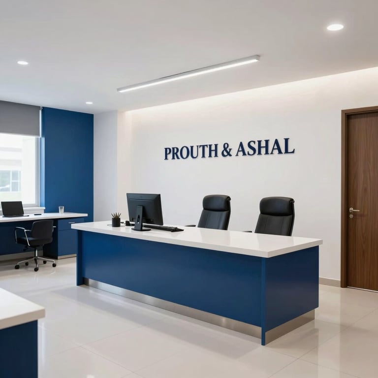 A wide shot of a prestigious South Asian / Pakistani legal office interior with clean white walls and deep blue accents.