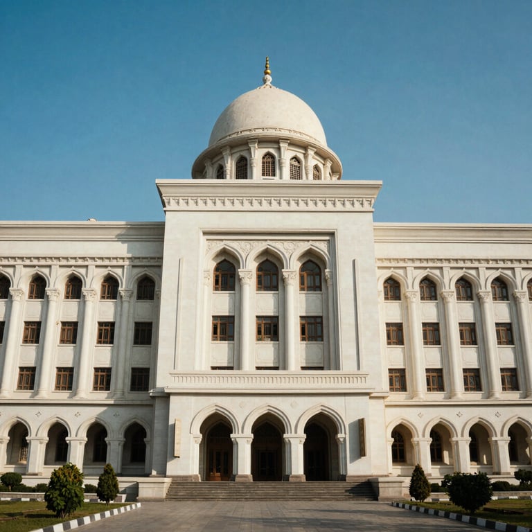An architectural view of a landmark judicial building in Karachi under a clear blue sky.