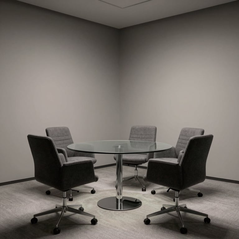 An interior shot of a minimalist, high-tech meeting room with charcoal grey chairs and glass tables.