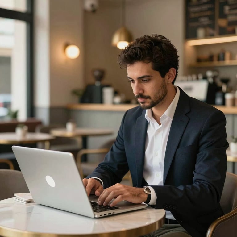 A lifestyle photo of a modern, premium cafe in a Middle Eastern city where a professional is working on a sleek silver laptop.