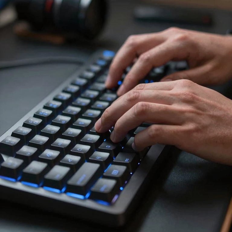 A detail-oriented shot of a programmer's hands at a mechanical keyboard with subtle blue backlighting.