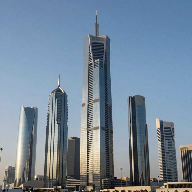 A wide shot of a futuristic skyscraper skyline in Riyadh under a clear blue sky, representing growth and technology.