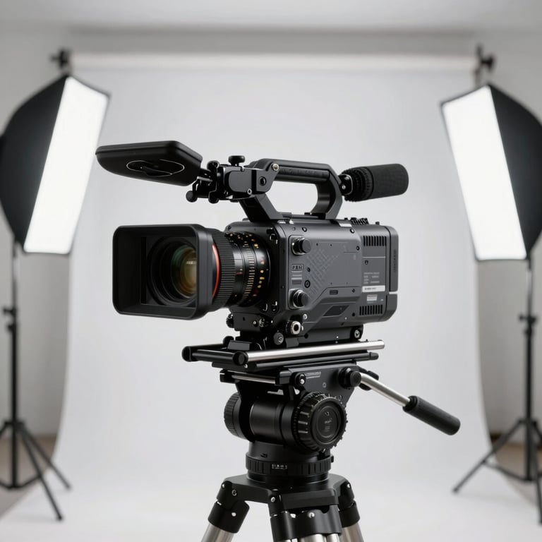 A professional video camera rig focused on a product set, with soft studio lighting in a modern white studio space.