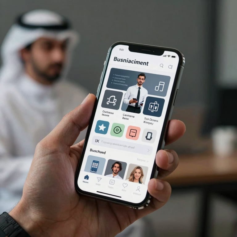 A close-up photograph of a sleek smartphone in a Middle Eastern professional's hand, showing a modern business app UI.