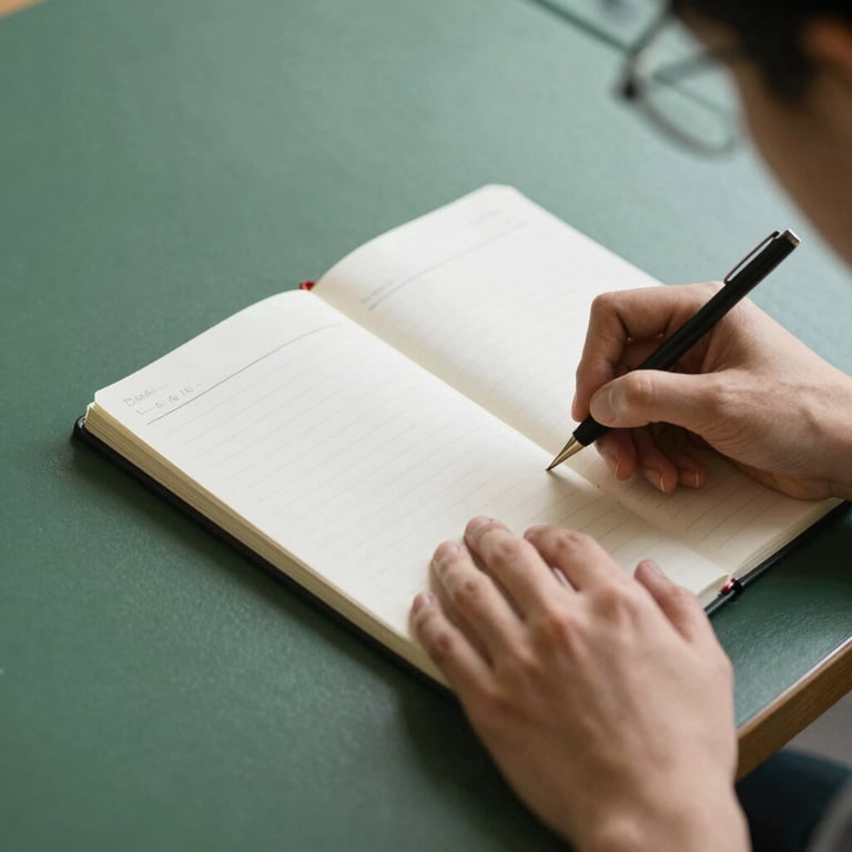 Hands taking notes in a notebook during a specialized course, clean composition, forest green accents.