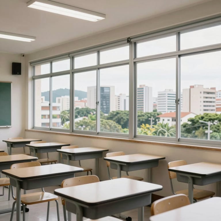 A modern classroom with large windows looking out onto a Brazilian urban landscape, bright and inviting space.