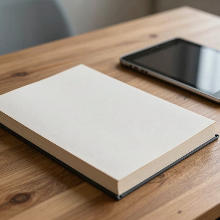 Detailed shot of educational books and a tablet on a wooden desk, soft natural light, minimalist South American design.