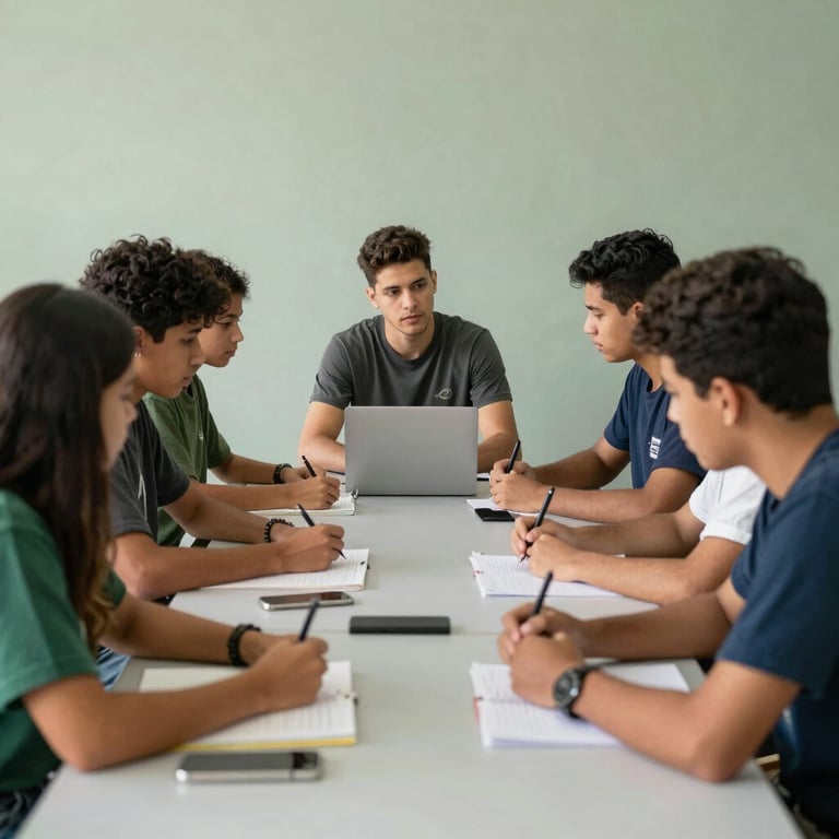 A group of students in Brazil participating in a collaborative workshop, focused and professional atmosphere, light gray and sage green environment.