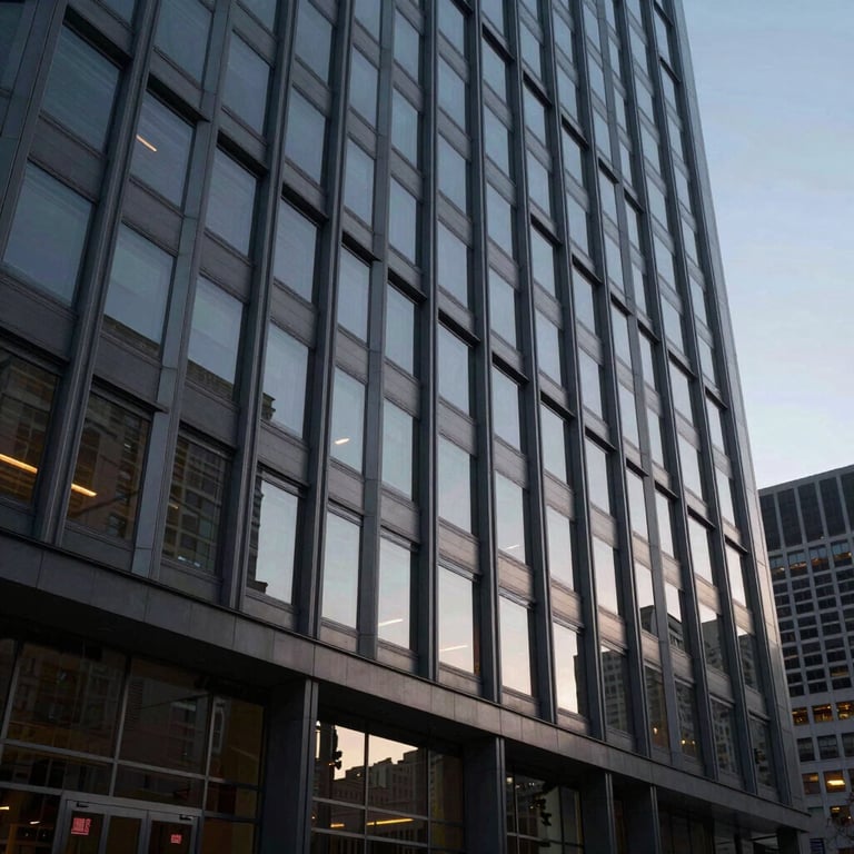 A sleek corporate building facade in a major North American city at dusk, representing high-standard property management.