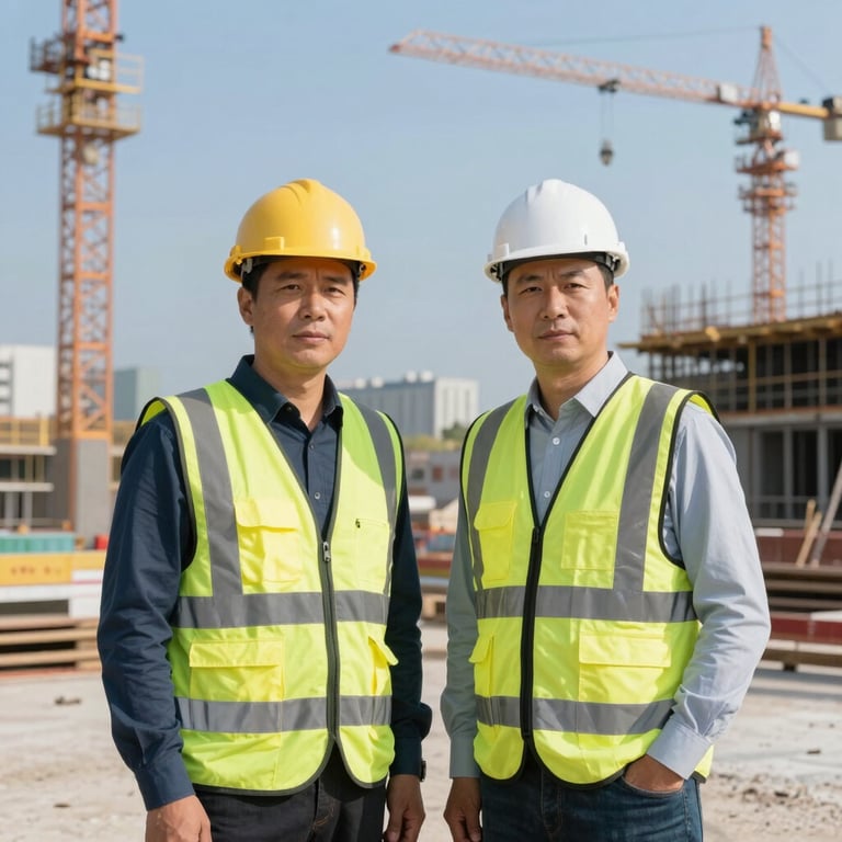 An architect and project manager in safety vests standing together on a commercial construction site under a clear blue sky.