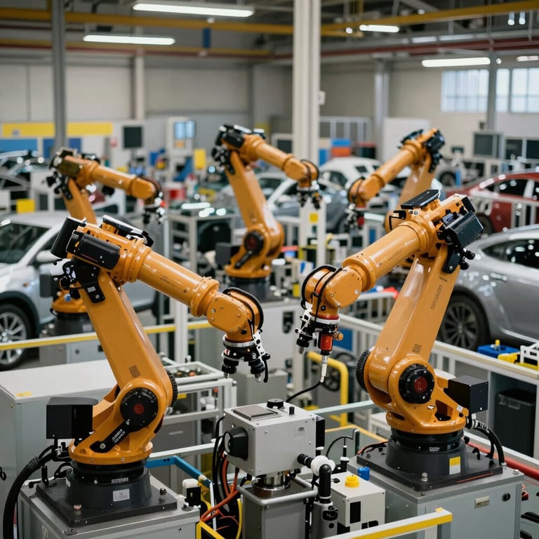 A high-angle view of an automotive plant in Ontario featuring advanced robotics and organized workflows, soft industrial lighting.