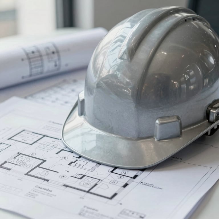 Close-up of a silver hard hat resting on architectural floor plans in a bright Canadian office setting.