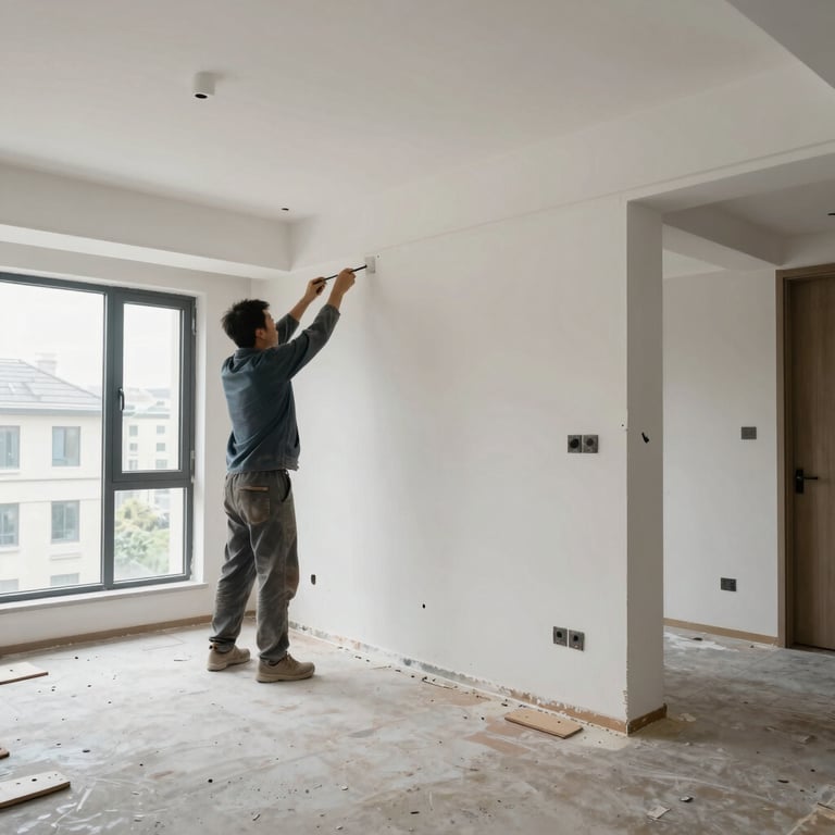 Interior of a modern high-value residential property undergoing professional restoration after structural damage, showing precision repair work.