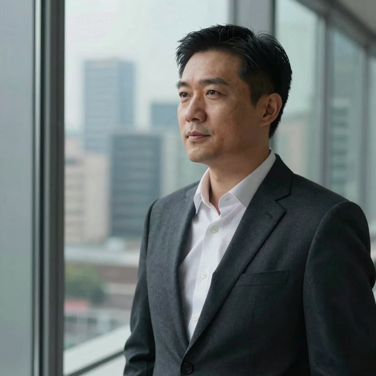Portrait of a confident business leader looking through a glass window reflecting a cityscape, wearing professional attire, International / Business.