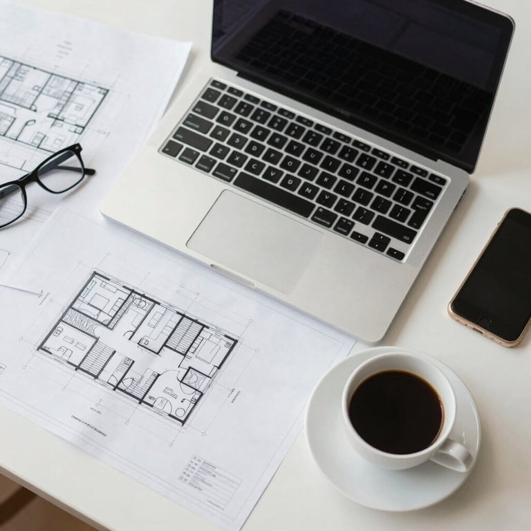 A top-down view of a designer's desk with a high-end laptop, architectural blueprints, and a cup of black coffee in a bright office.