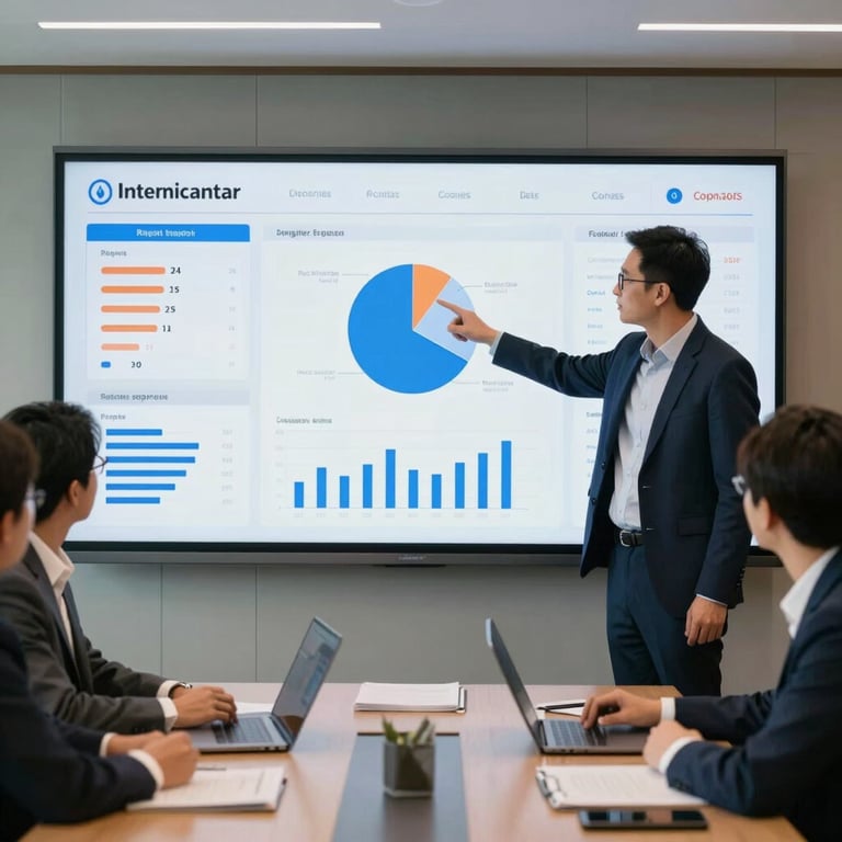 A boardroom meeting where a professional is pointing at a clean, sophisticated data dashboard on a large screen, International / Business photography.