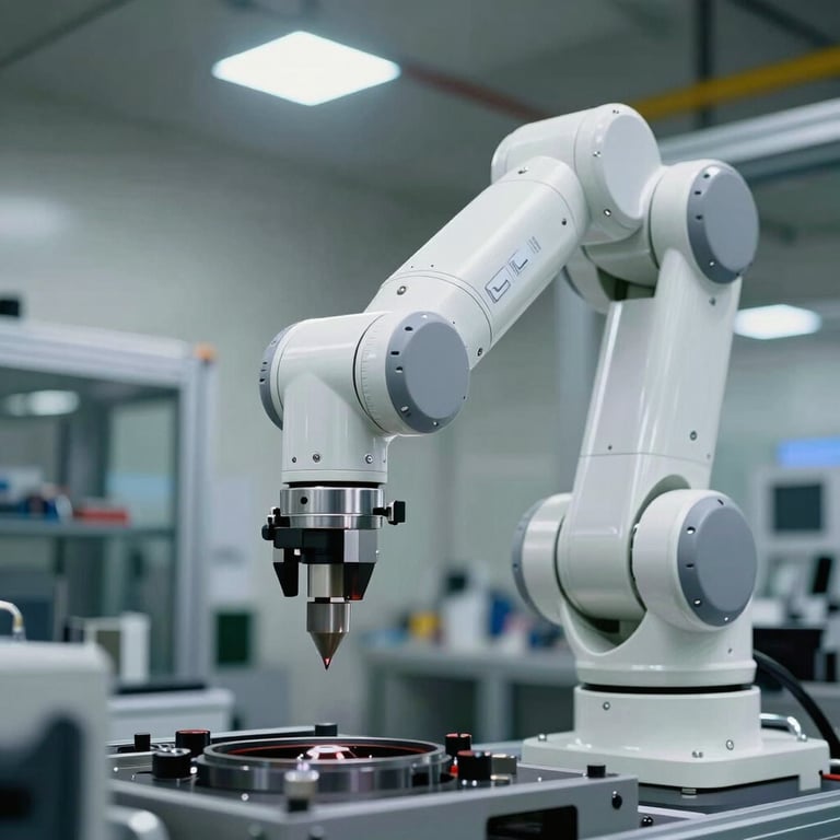 A sharp overhead view of a sleek, white robotic arm performing a precise task in a high-tech manufacturing facility with bright lighting.