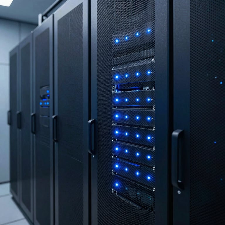 A high-speed server room with glowing blue LED indicator lights, futuristic and clean aesthetic with deep blue shadows.