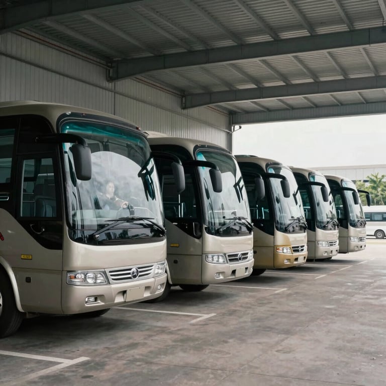 A wide shot of a luxury bus fleet lined up in a clean parking facility, reflecting reliability and scale.