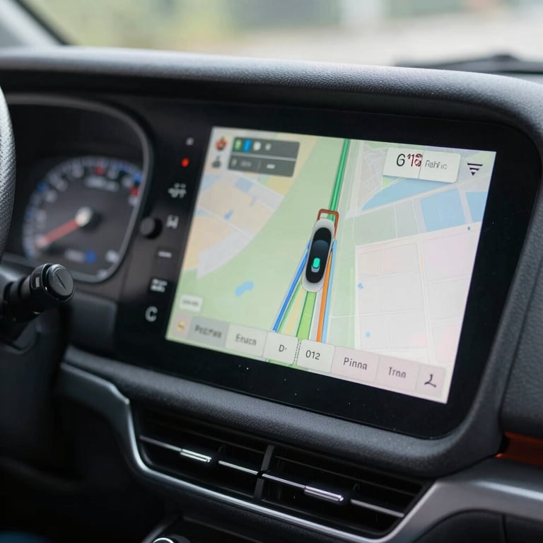 Close-up of a bus dashboard featuring state-of-the-art navigation and safety technology.