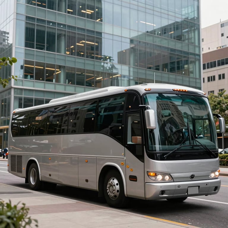 A large coach bus parked in front of a glass-walled corporate building in a North American business district.