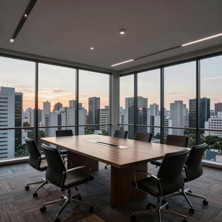 Wide shot of a minimalist and contemporary meeting room in a Brazilian office tower, overlooking a city skyline at dusk.