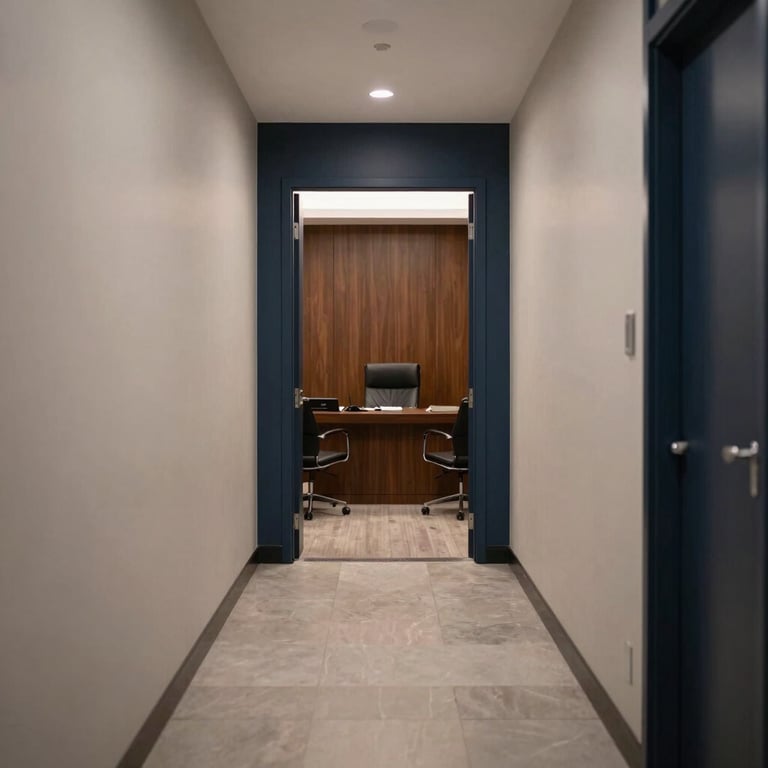 A sophisticated hallway with neutral walls and navy accents leading to a private legal consultation room.