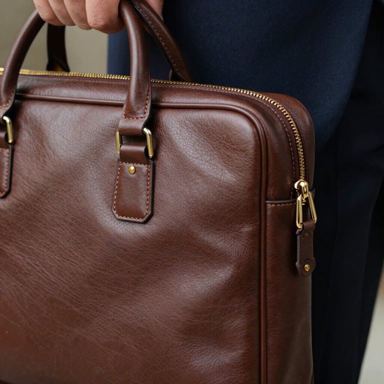 Close-up of a high-quality leather briefcase and professional attire, suggesting high perceived value and personal branding.