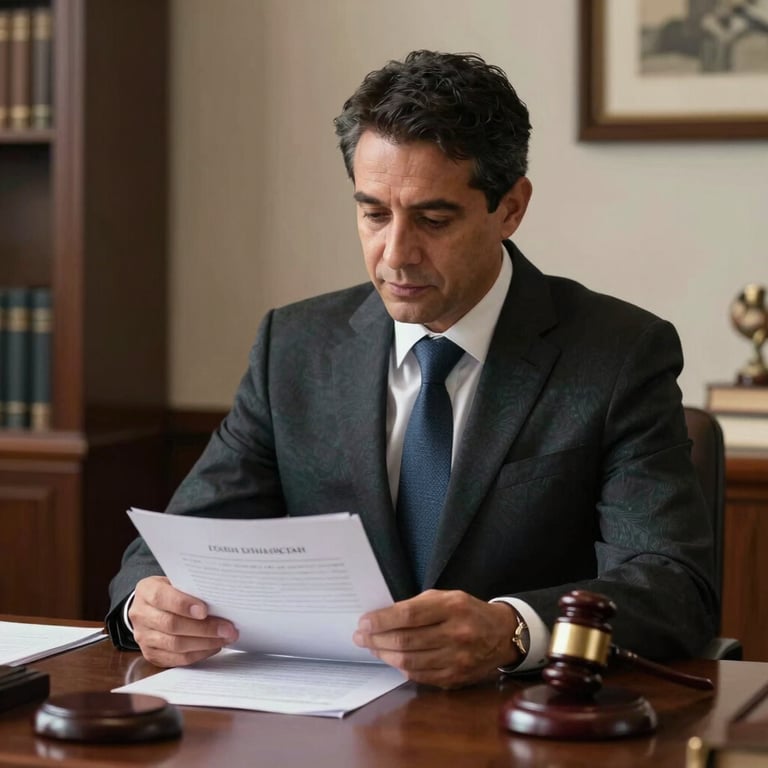 A professional South American lawyer reviewing legal documents in a sophisticated office setting, soft lighting, business attire.