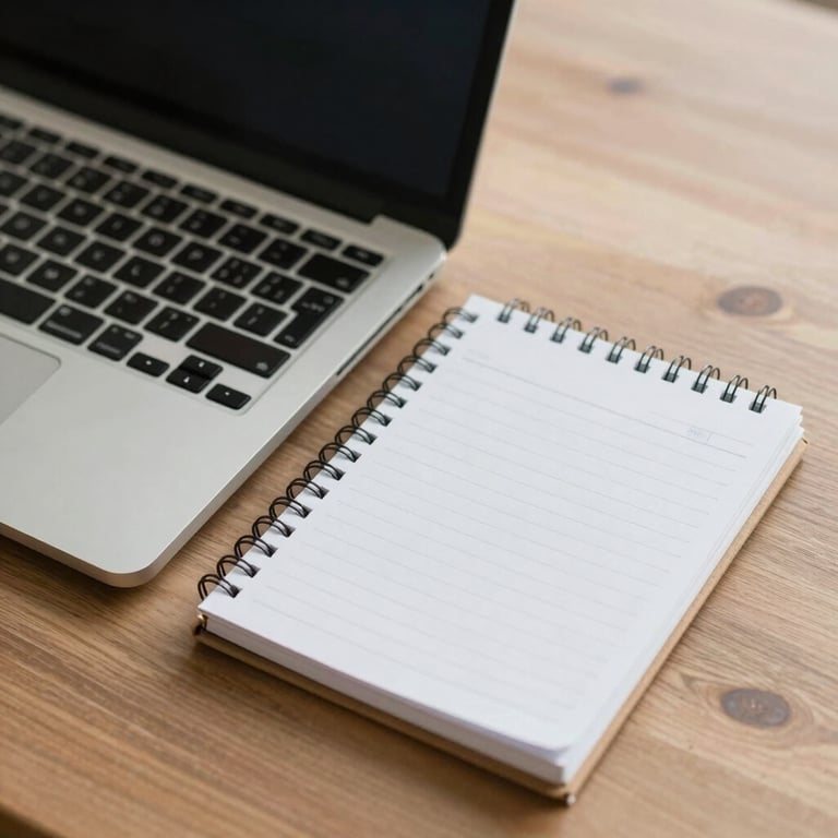 A clean and professional workspace featuring a modern laptop and a minimalist notebook, South American professional setting.