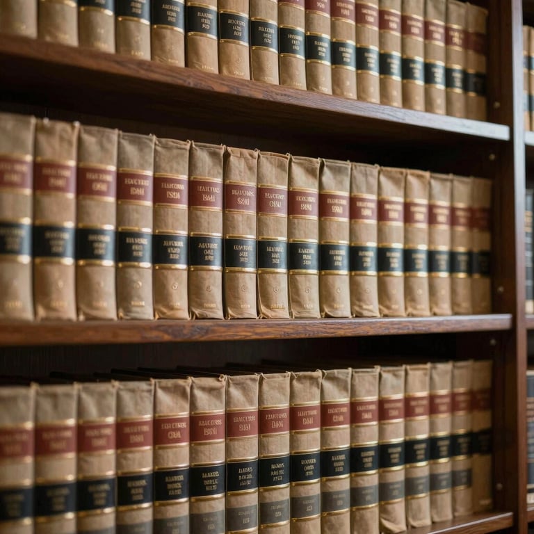 Detail of a bookshelf filled with thick legal volumes and technical journals in a well-lit professional library.