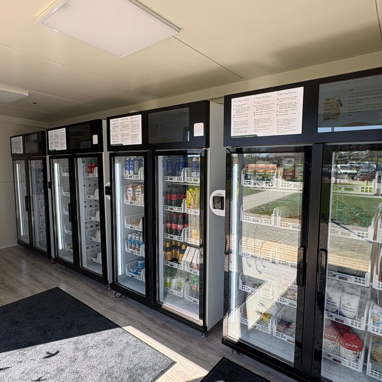 Bezkontakta vending veikals ar viedajiem ledusskapjiem un pašapkalpošanās modeli