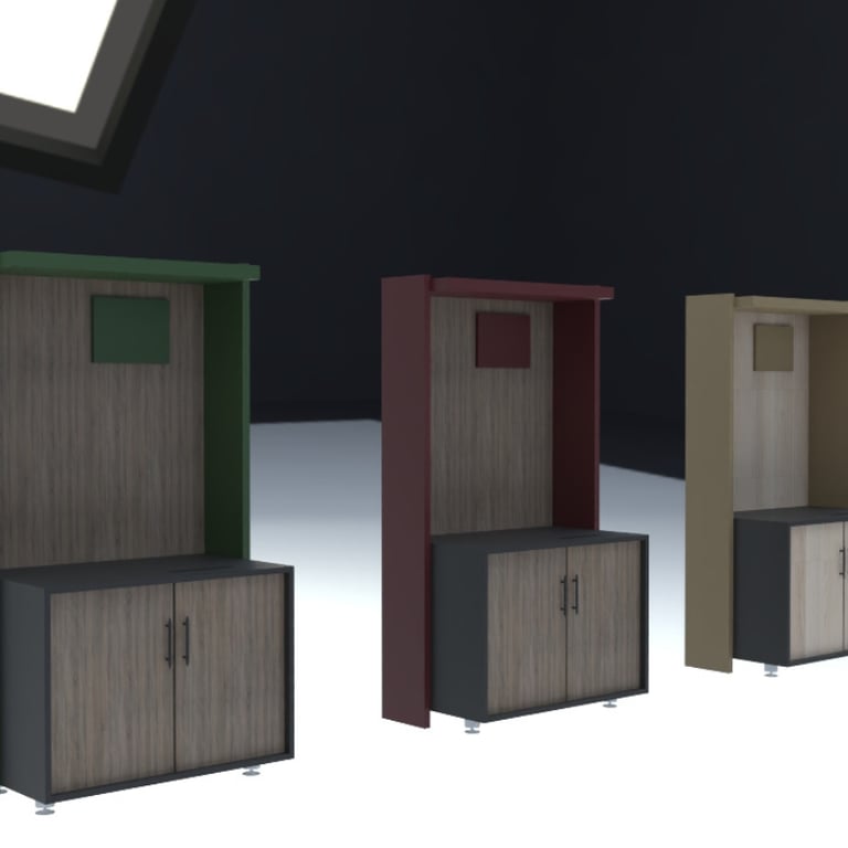 Pašapkalpošanās kafijas stacija McReil birojā ar iebūvētu kafijas automātu un uzkodu plauktiem.