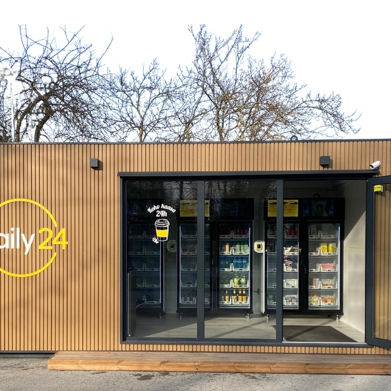 Bezpersonāla vending veikals Daily24 ārpuse ar pašapkalpošanās ledusskapjiem