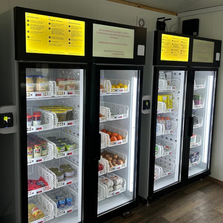 Bezpersonāla veikala interjers ar vairākiem ledusskapjiem un pārtikas sortimentu