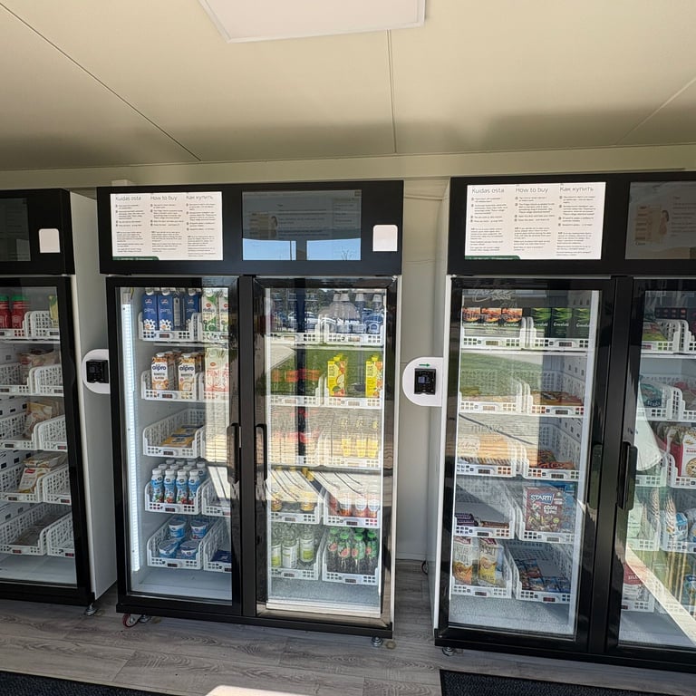 Smart fridge vending iekārtas bezpersonālajā veikalā ar dzērieniem un uzkodām