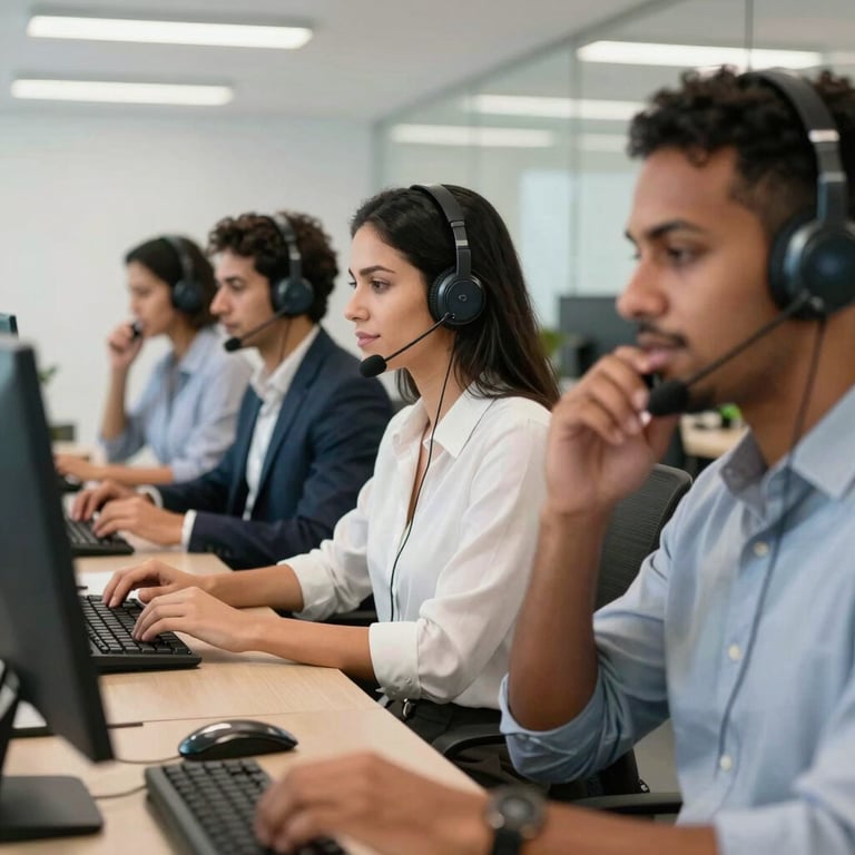 A group of diverse South American professionals working in a bright, modern Brazilian call center.