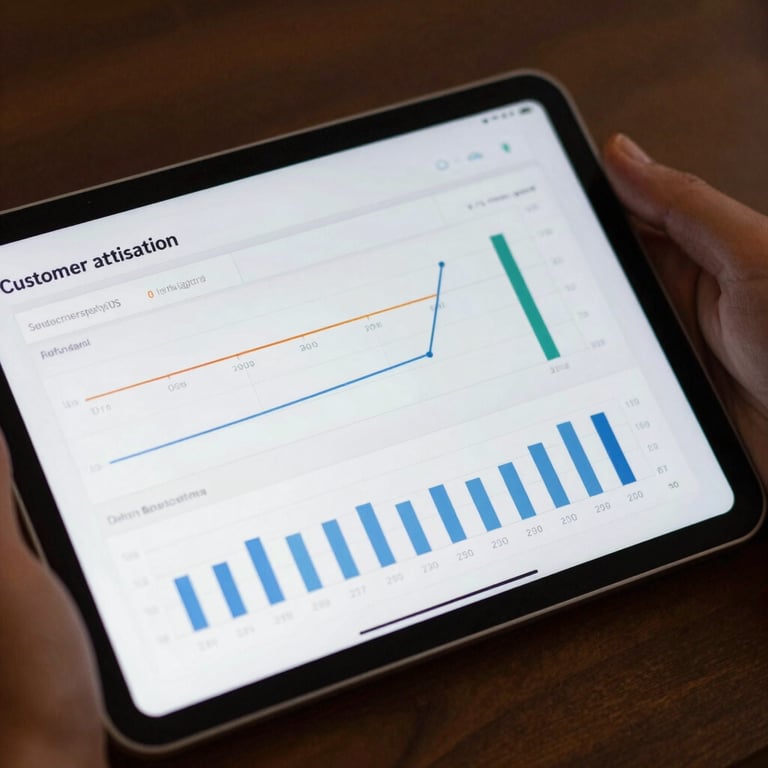 A digital tablet displaying customer satisfaction metrics in a professional setting.
