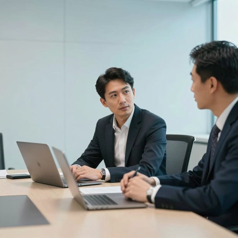 Two professionals in a meeting room with a clean, minimalist design and light blue color scheme.