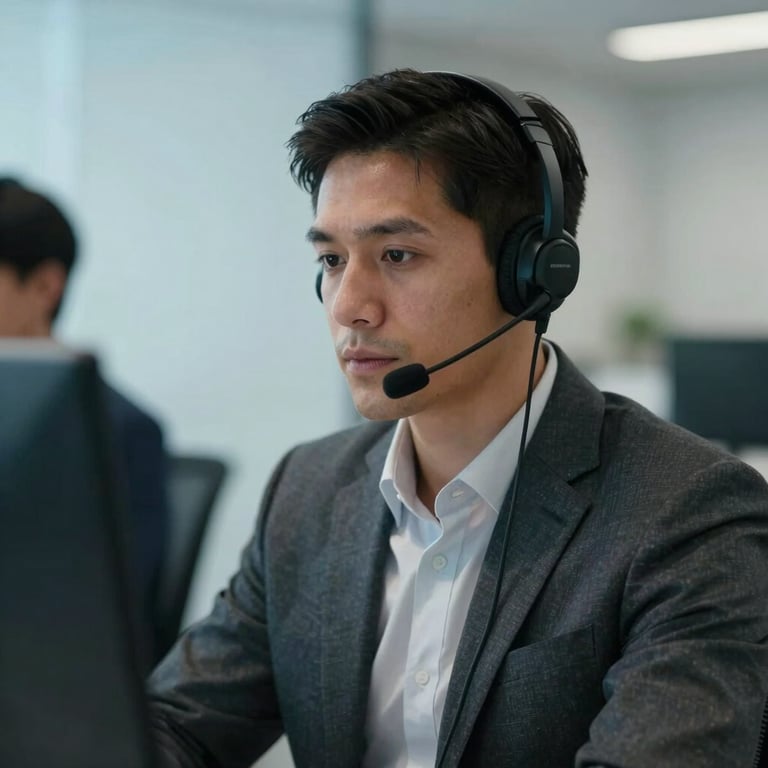 A focused professional wearing a headset in a modern South American corporate setting, soft blue lighting.