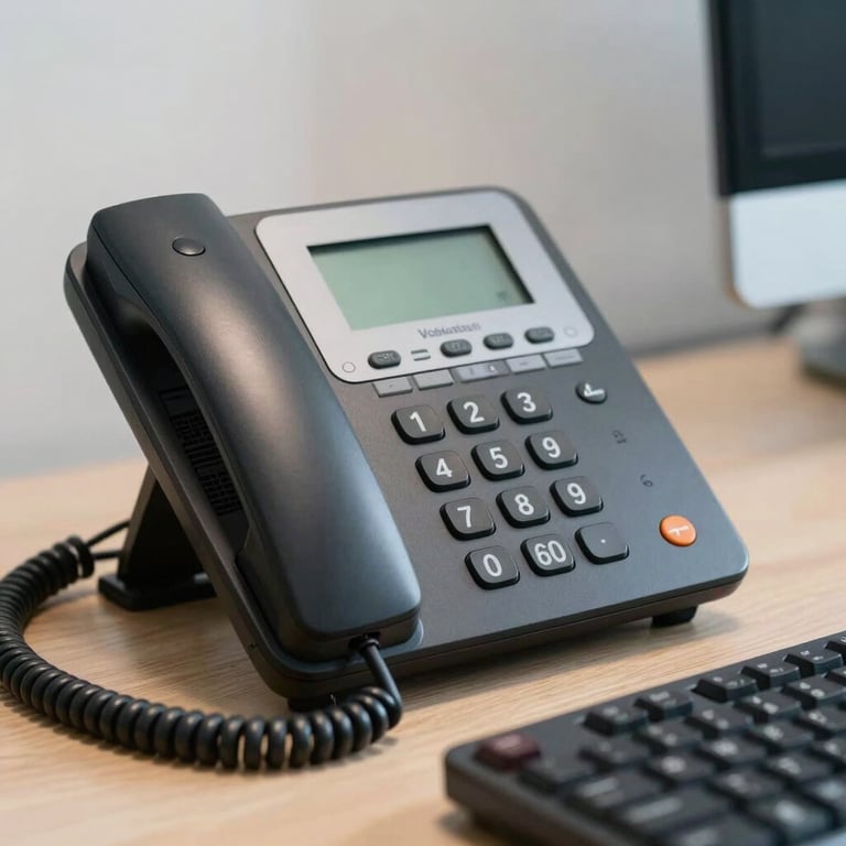 Close-up of a high-tech VoIP phone and keyboard in a clean, professional office environment.